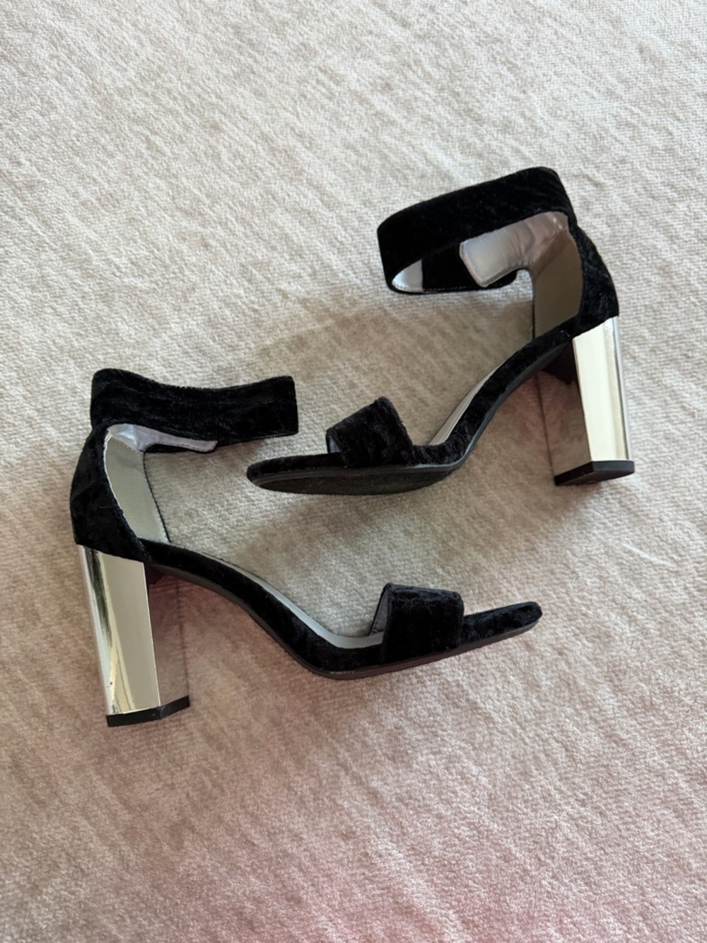 Black Velvet Ankle-Strap Block Heel Sandals
